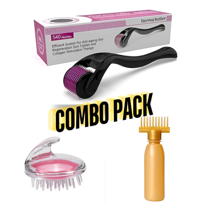 3 in 1 Combo 1 Derma Roller, 1 Silicon Scalp, Massage Brush, Oil Bottle (Free Delivery)