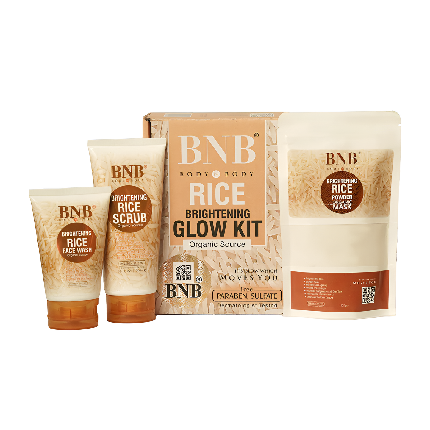 BNB 3 in 1 Brightening Glow Kit Rice Scrub + Face Wash + Rice Mask