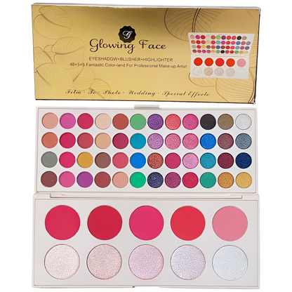 Glowing Face 48+5+5 Colors Of Eyeshadow + Blushes +  Highlighter Professional Makeup Kit