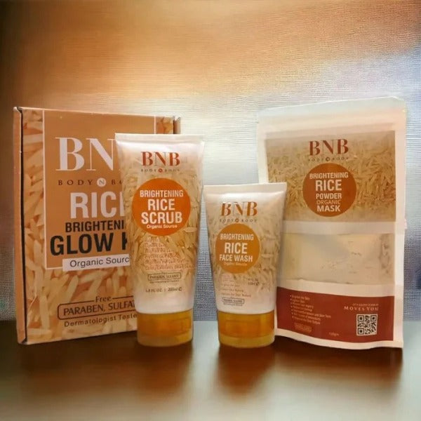 BNB 3 in 1 Brightening Glow Kit Rice Scrub + Face Wash + Rice Mask